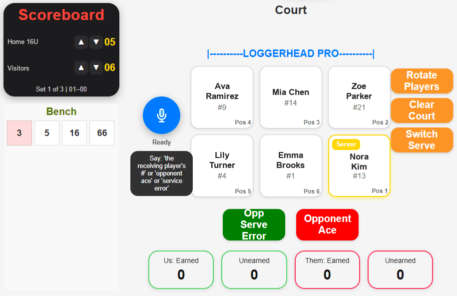 Loggerhead live stat logging screen during a match